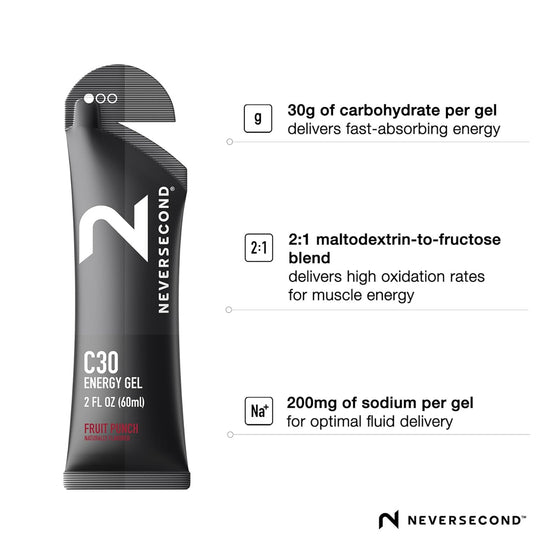 NEVERSECOND C30 GEL – Pack de 12 Geles Energéticos Sabor Fruit Punch